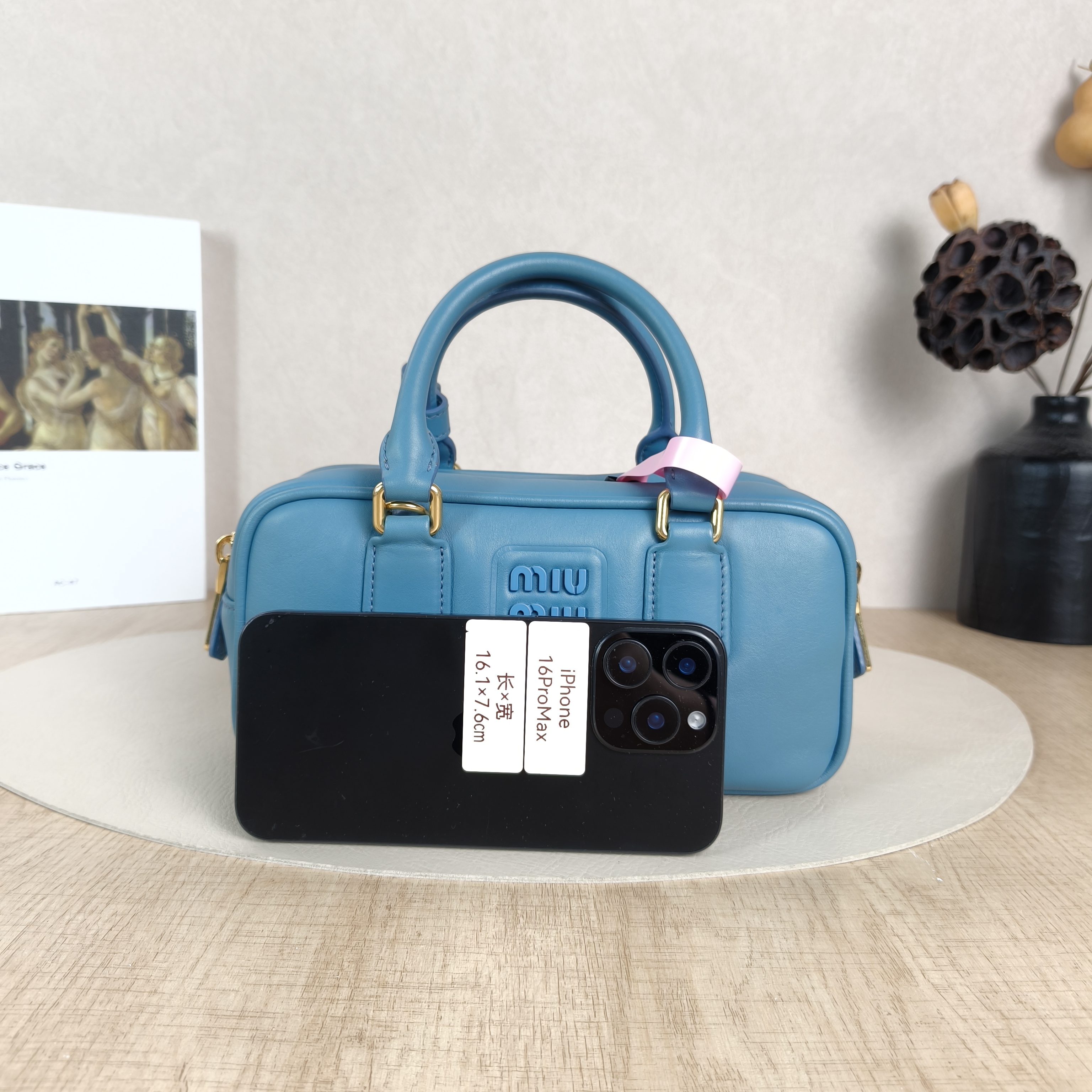 Miumiu Top Handle Bag Arcadie Collection Bowling Bag Blue Calfskin Small22 × 7.5 × 10.5 cm — cover view 4 of 6