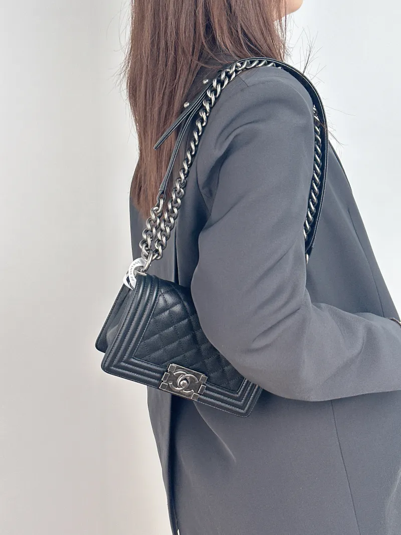 Chanel Crossbody Bag Le Boy​ Black Grained Calfskin Small 20.5 × 8.5 × 12 cm — on-model view 1 of 2