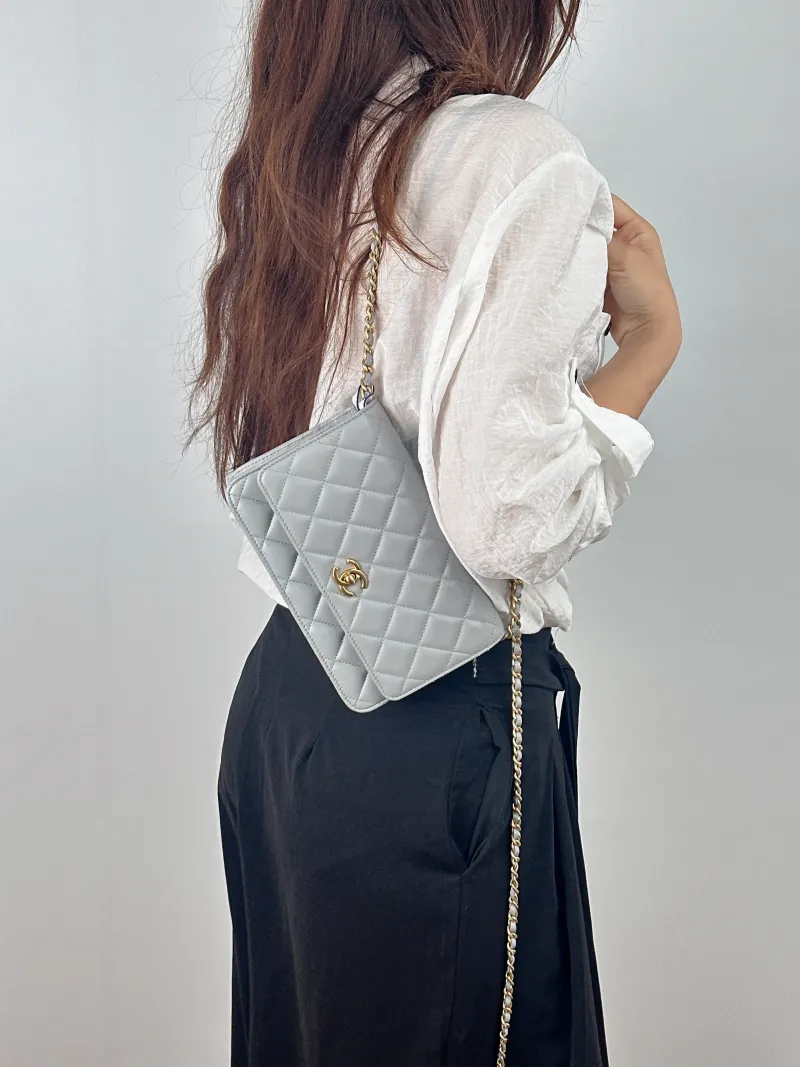 Chanel Crossbody Bag Classic Flap WOC CF WOCWOC Bag Grey Lambskin 19.2 × 3.5 × 12.3 cm Microchip Edition — on-model view 1 of 2