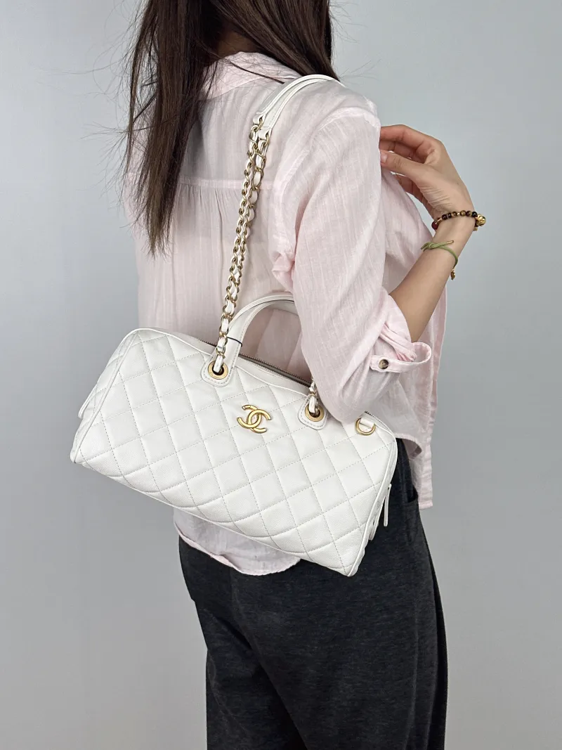 Chanel Crossbody Bag Bowling Bag White Gold Grained Calfskin One Size32 × 13 × 16 cm — on-model view 2 of 2