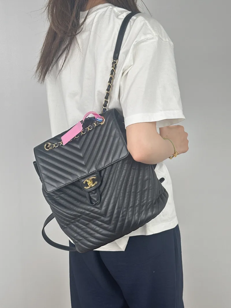 Chanel Backpack V Backpack Black with Gold-Tone Hardware Calfskin One Size24 × 13 × 27 cm — on-model view 3 of 3