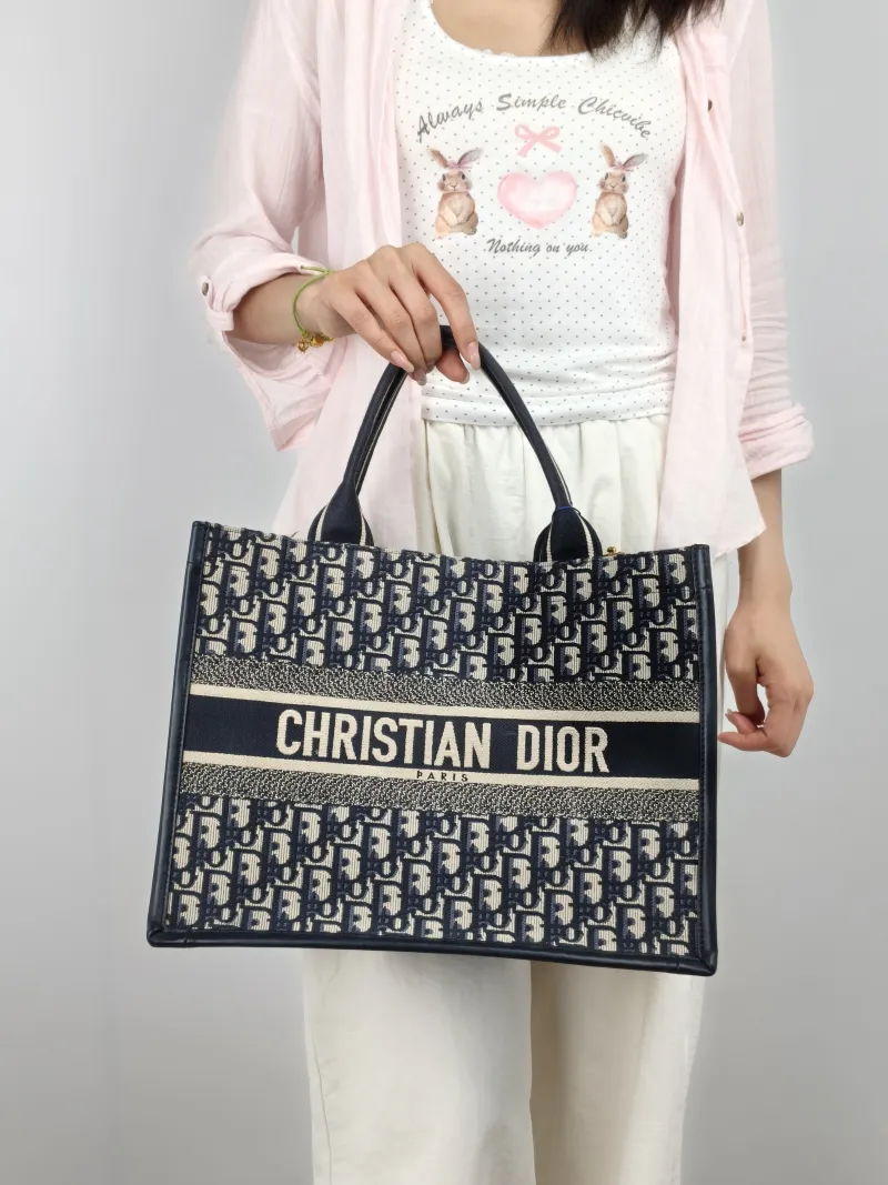 DIOR Shoulder Bag Book Tote Shoulder Strap Edition Blue Canvas · Calfskin Medium 36.5 × 16.5 × 28 cm — on-model view 3 of 3