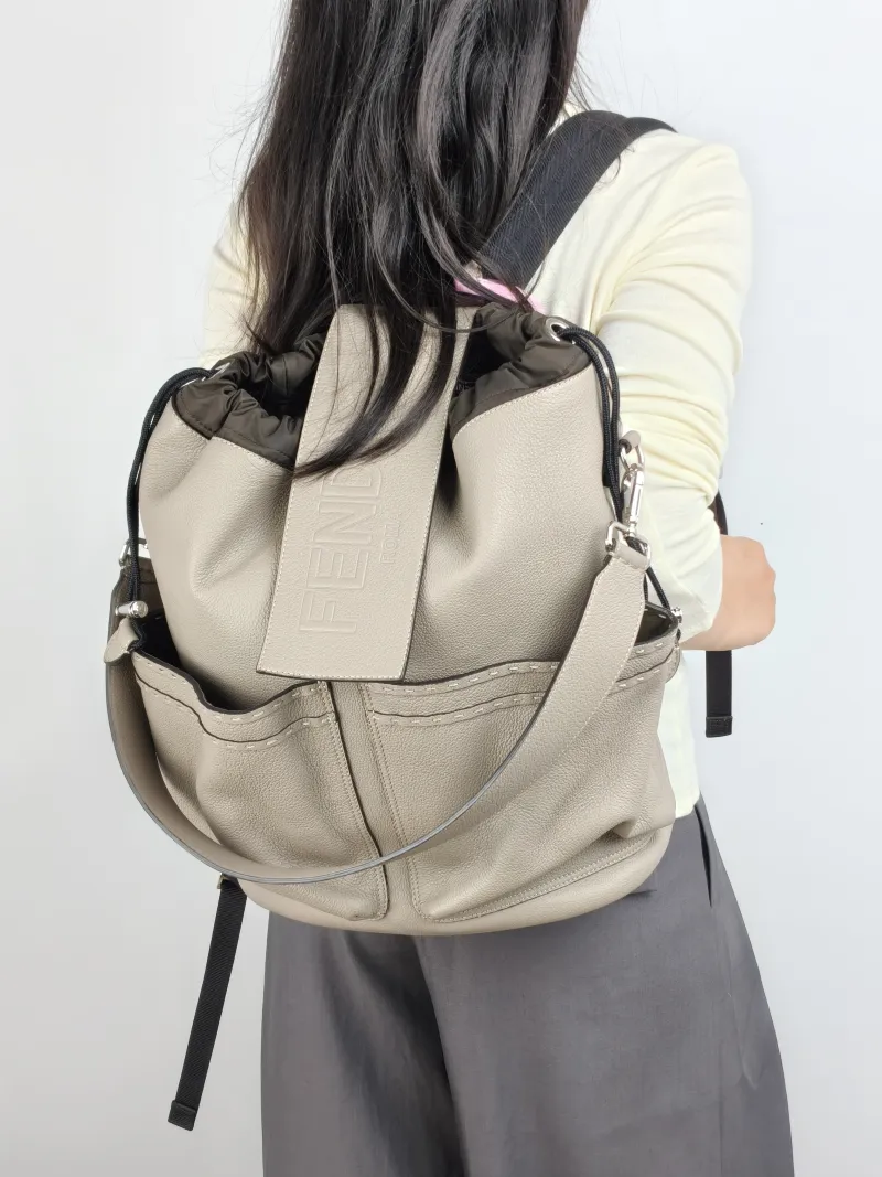 FENDI Backpack Backpack Grey Calfskin One Size 30 × 16 × 40 cm — on-model view 2 of 3