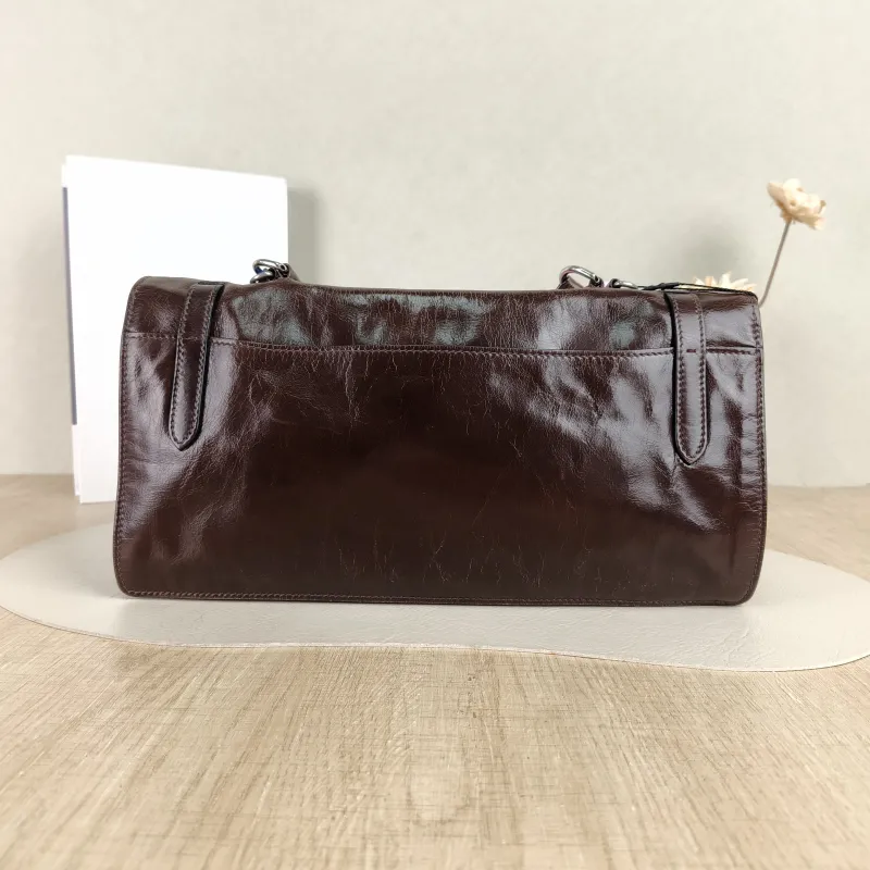 PRADA Top Handle Bag Tote Bag Brown Waxed Leather One Size 31.5 × 11 × 17 cm — cover view 3 of 5