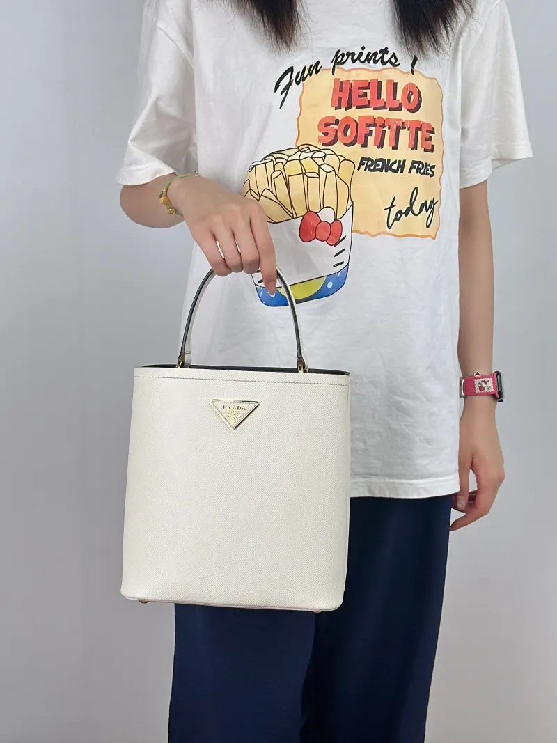 PRADA Shoulder Bag Panier White Calfskin One Size22 × 13 × 23 cm — on-model view 2 of 2