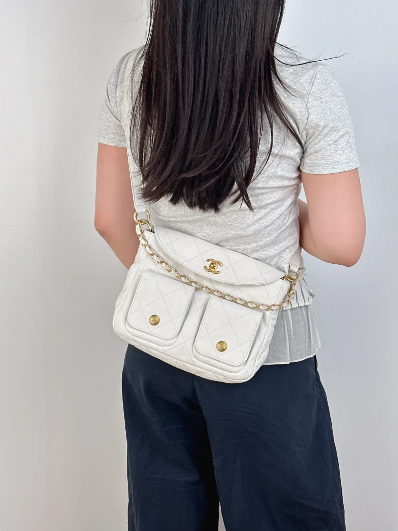 Chanel Shoulder Bag supple twins White Grained Calfskin Small24.5 × 5 × 19 cm — on-model view 3 of 3