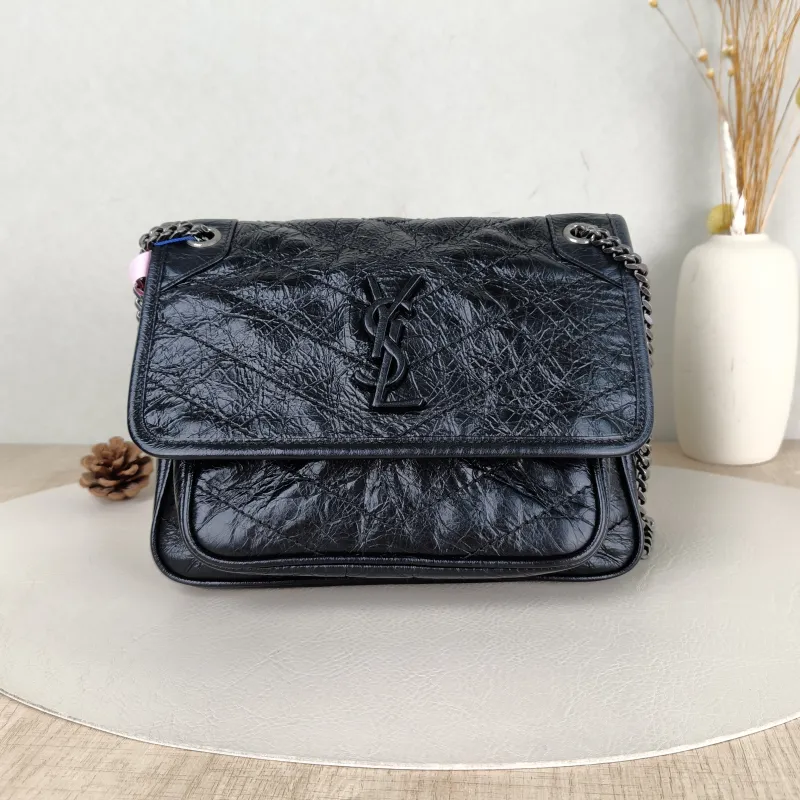 SAINT LAURENT Crossbody Bag Niki Black Waxed Leather Calfskin Small 21 × 7.5 × 16 cm