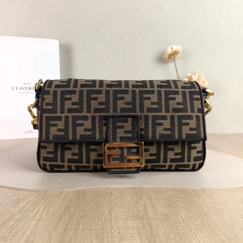 FENDI Crossbody Bag Baguette Baguette Bag Brown Canvas Medium 27 × 6 × 15 cm