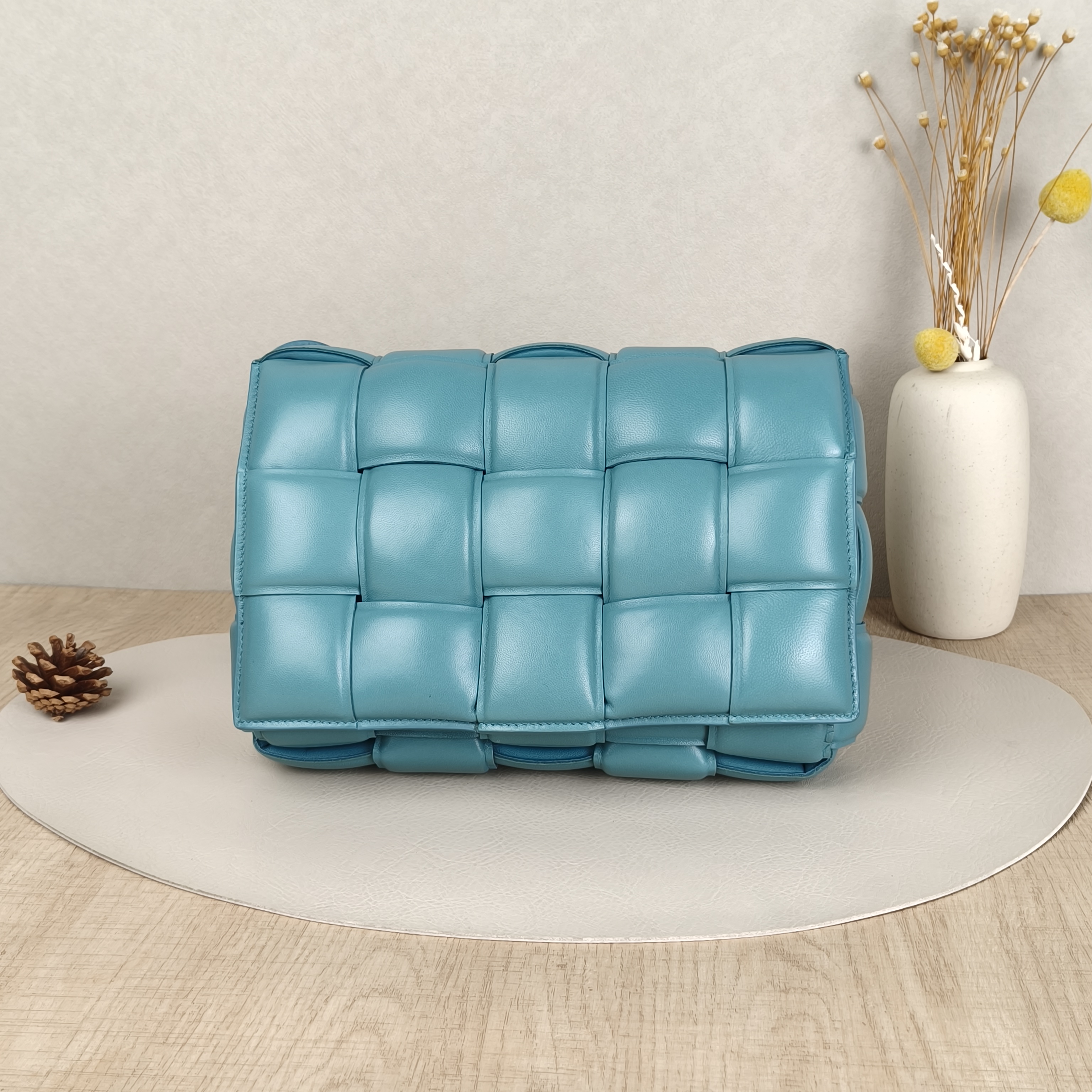 Bottega Veneta Crossbody Bag Cassette Woven Blue Lambskin 25 × 5.5 × 14.5 cm