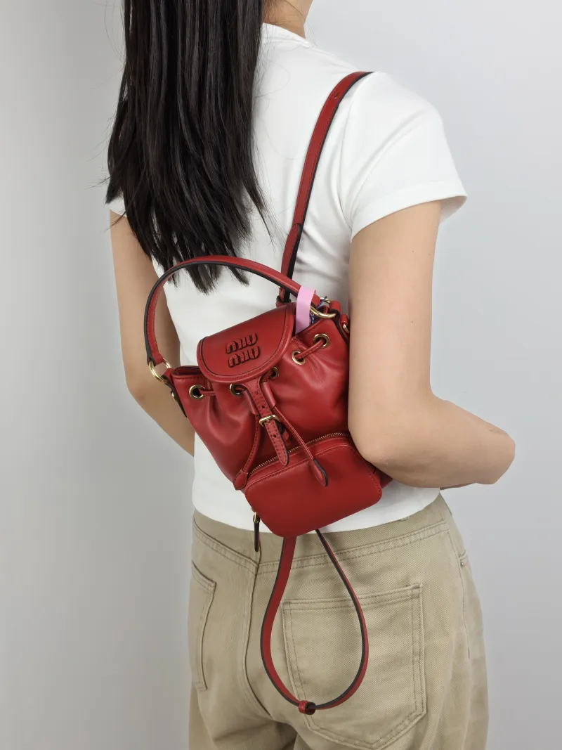 Miumiu Backpack Backpack Red Calfskin Mini 14 × 10 × 17 cm — on-model view 3 of 3