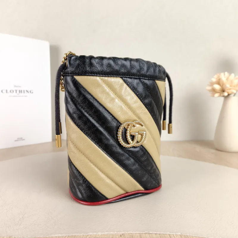 GUCCI Crossbody Bag GG Marmont Marmont Bucket Bag Black Brown Calfskin 14 × 10 × 17 cm — cover view 3 of 5