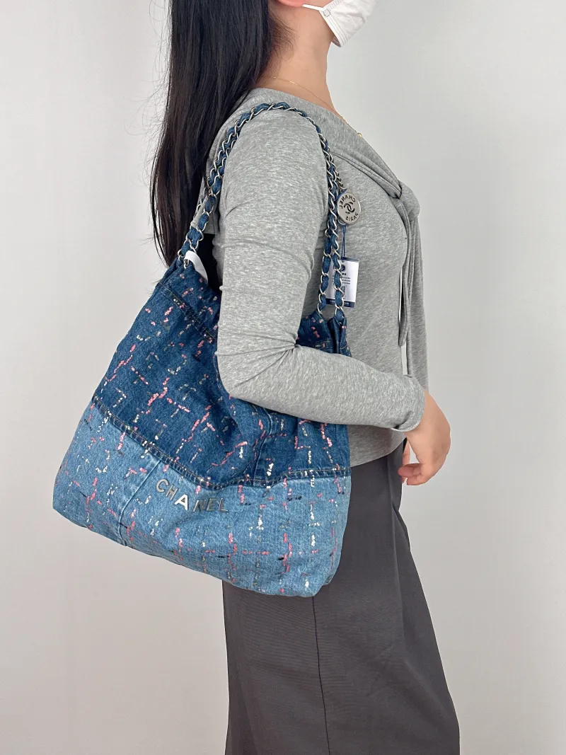 Chanel Shoulder Bag 22Bag Blue Colorblock Medium 39 × 8 × 42 cm — on-model view 2 of 2