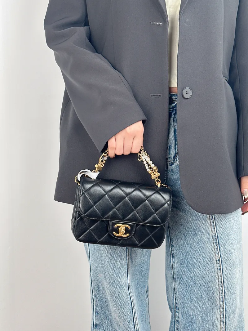 Chanel Crossbody Bag Pearl Black Calfskin Small 19 × 6 × 13 cm — on-model view 3 of 3