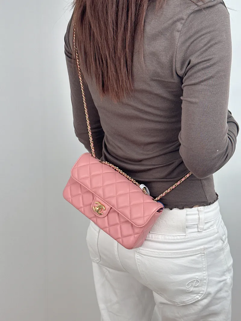 Chanel Crossbody Bag Collection Baguette Bag Pink Lambskin Small 21.5 × 4 × 12 cm — on-model view 1 of 2