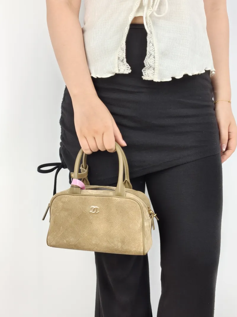 Chanel Crossbody Bag Bowling Bag Taupe Suede One Size 20 × 9 × 12 cm — on-model view 1 of 3