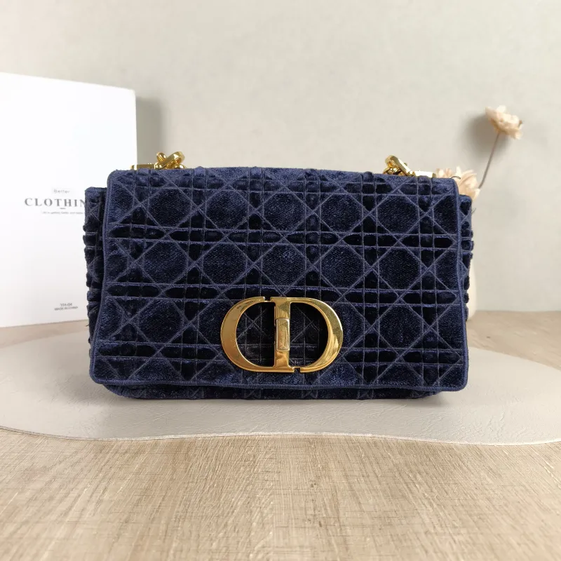 DIOR Crossbody Bag Caro Chain Bag Blue Velvet Medium 25.5 × 9 × 15.5 cm