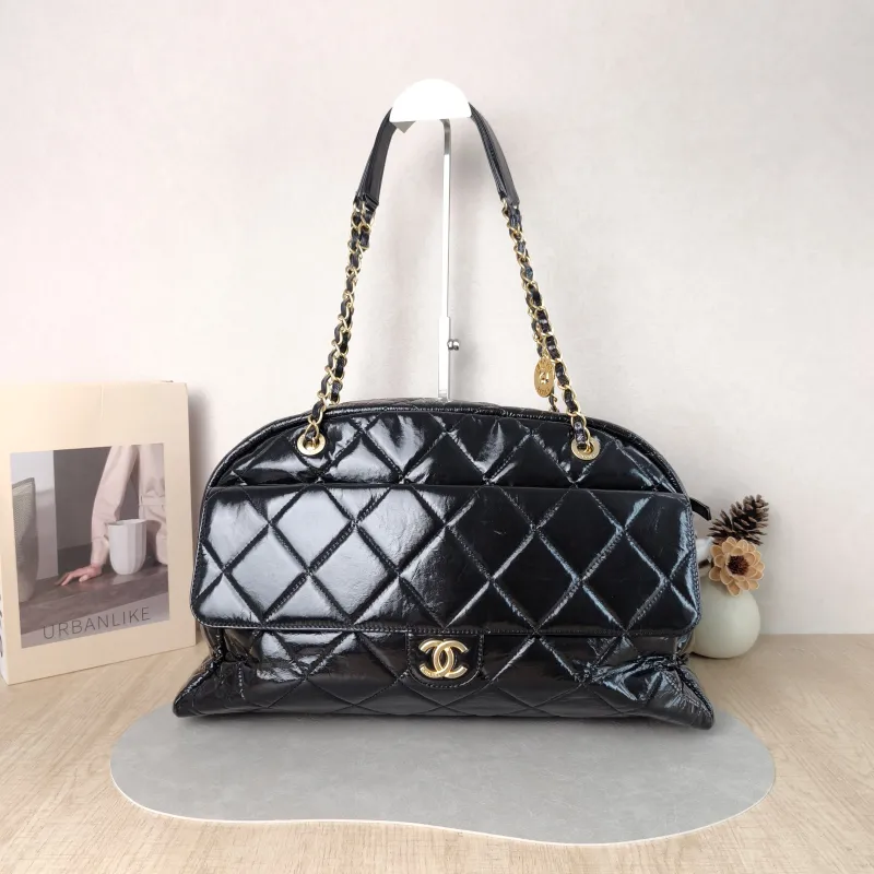 Chanel Crossbody Bag Bowling Bag Black Waxed Leather One Size 42 × 15 × 27 cm