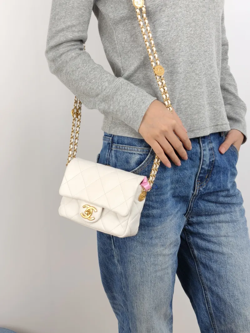 Chanel Crossbody Bag Classic Flap Mini CF Mini White Grained Calfskin Mini 17 × 6 × 12.5 cm — on-model view 2 of 2