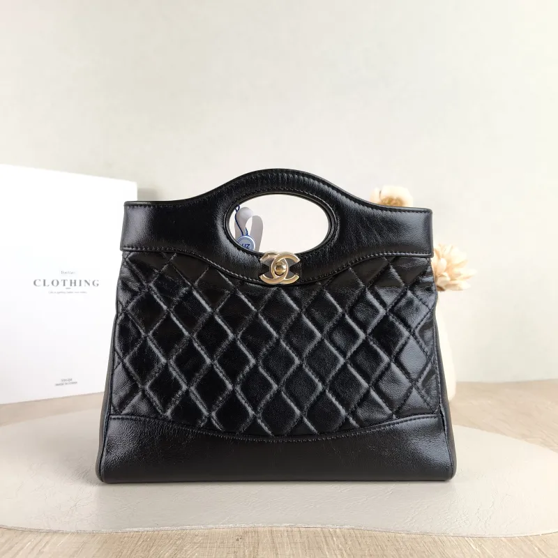 Chanel Crossbody Bag 31Bag Black Waxed Leather Mini 23 × 5.5 × 22 cm