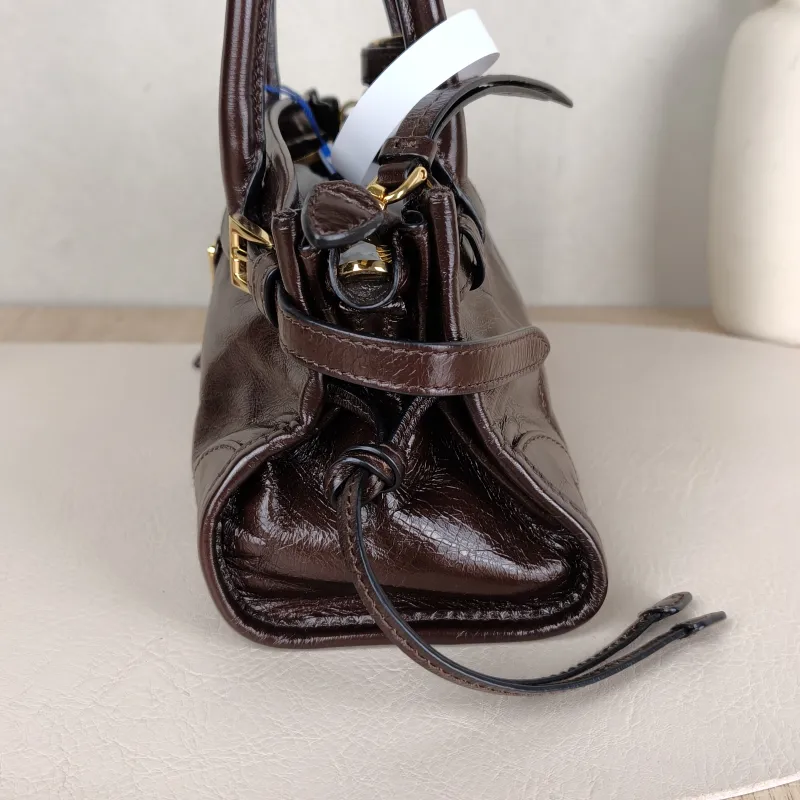 PRADA Top Handle Bag Bonnie Soft Lux Brown Waxed Leathermini23.5 × 9 × 12 cm — detail view 4 of 12