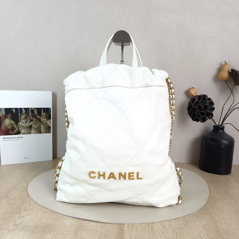 Chanel Backpack 22Bag Backpack White Gold Calfskin Small 29 × 8 × 34 cm
