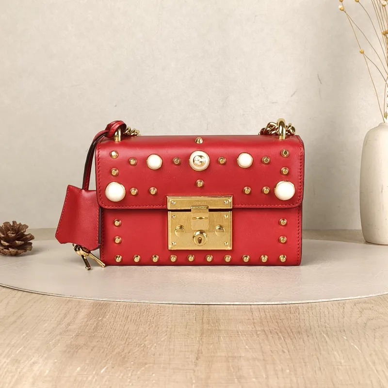 GUCCI Crossbody Bag Padlock Pearl Edition Red Calfskin Small 20.5 × 7.5 × 13 cm