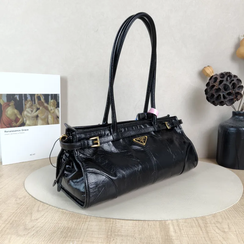 PRADA Shoulder Bag Bonnie Soft Lux Black Waxed Leather Medium 32 × 12 × 15.5 cm — cover view 2 of 6