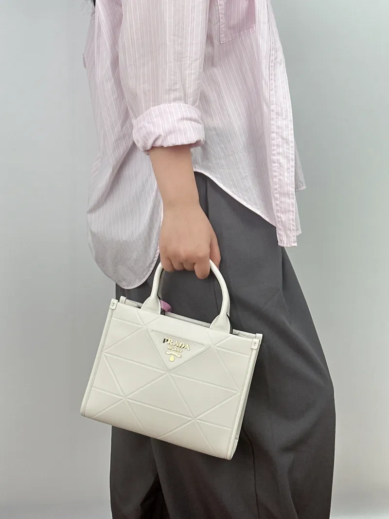 PRADA Top Handle Bag Tote Bag White Calfskin Small 24 × 10 × 18.5 cm — on-model view 2 of 2