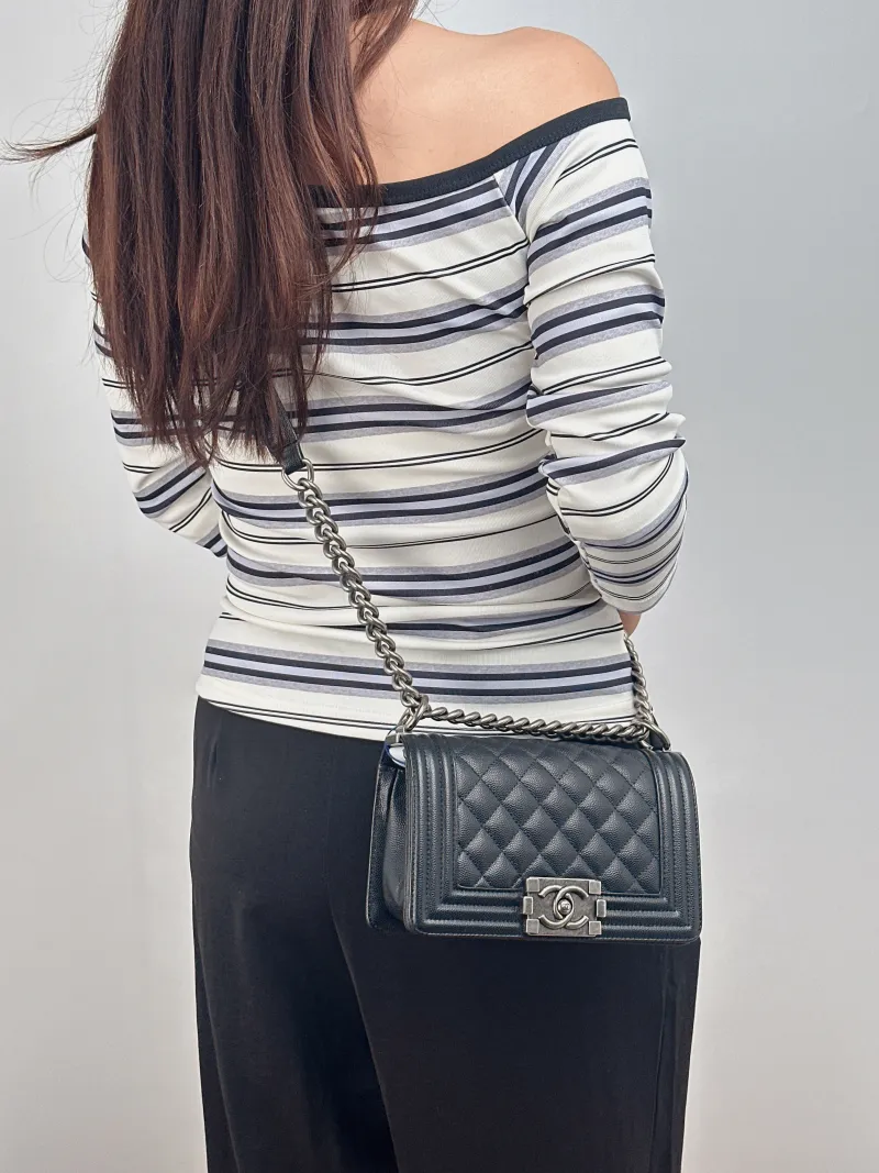 Chanel Crossbody Bag Le Boy​ Black Grained Calfskin Small 20.5 × 8.5 × 12 cm — on-model view 1 of 2