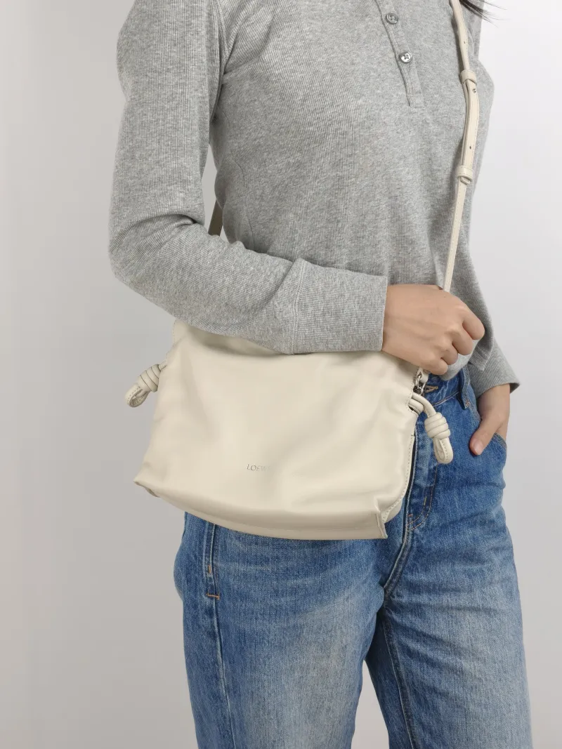 LOEWE Crossbody Bag Flamenco White Calfskin Mini 24 × 9 × 18 cm — on-model view 1 of 2