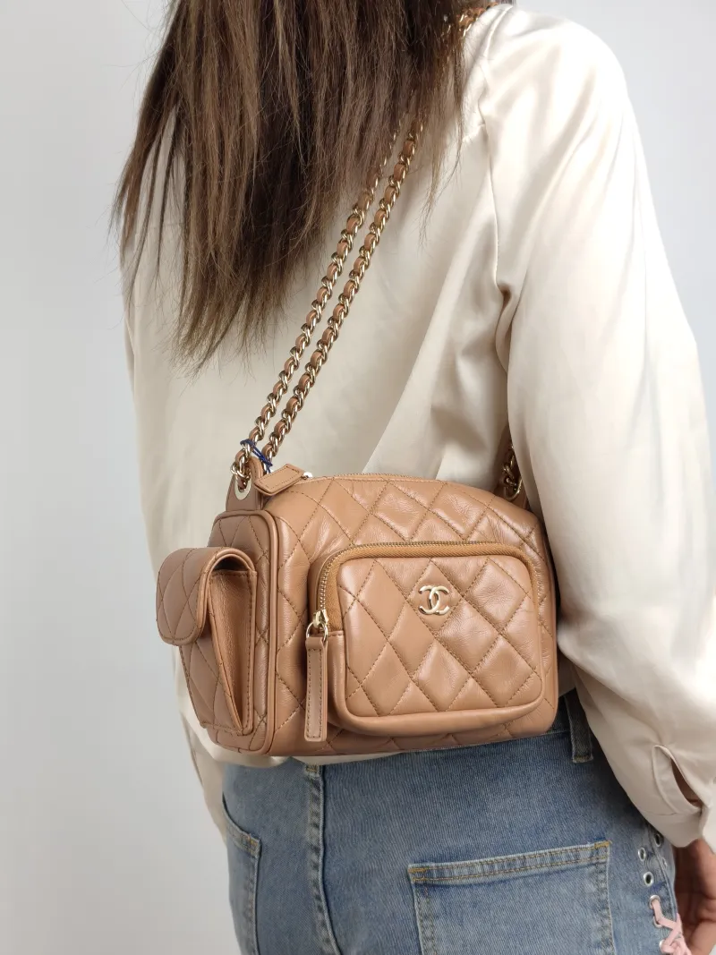 Chanel Crossbody Bag Camera Bag Taupe Lambskin One Size 24 × 17 × 18 cm — on-model view 1 of 3