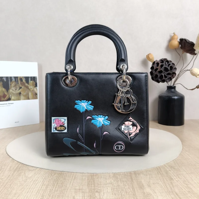 DIOR Top Handle Bag Lady Lady Dior Bag Black Calfskin Medium24 × 12 × 21 cm
