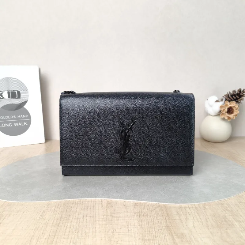 SAINT LAURENT Crossbody Bag KATE Black Grained Calfskin Medium 24 × 5.5 × 14.5 cm