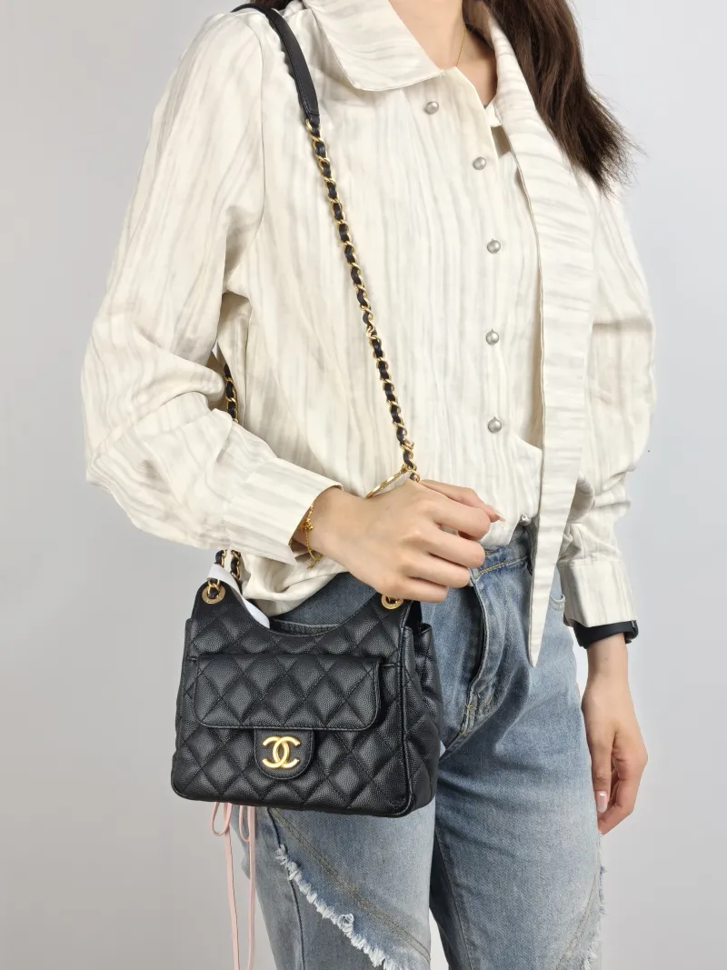 Chanel Crossbody Bag HOBO Black Grained Calfskin Small 19 × 6 × 17 cm — on-model view 2 of 2