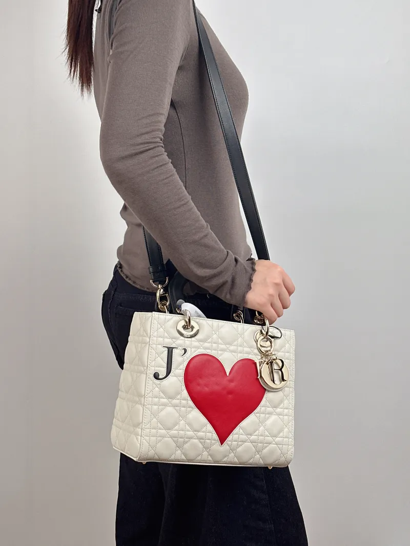DIOR Top Handle Bag Lady Lady Dior Bag White Calfskin Medium Edition 24 × 12 × 21 cm — on-model view 3 of 3