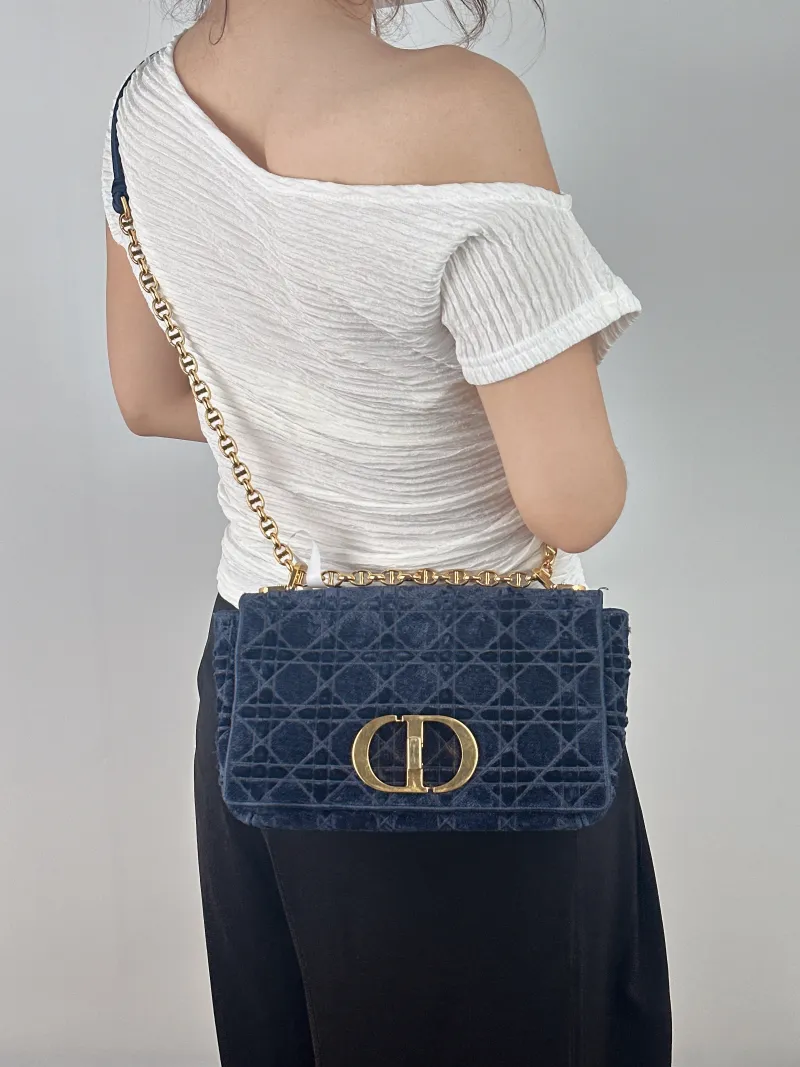 DIOR Crossbody Bag Caro Chain Bag Blue Velvet Medium 25.5 × 9 × 15.5 cm — on-model view 1 of 2