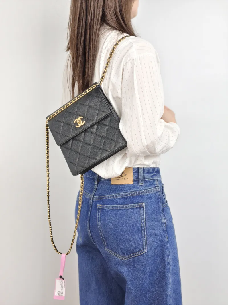 Chanel Backpack 23a Backpack Black with Gold-Tone Hardware Grained Calfskin One Size 20 × 7.5 × 21 cm — on-model view 1 of 2
