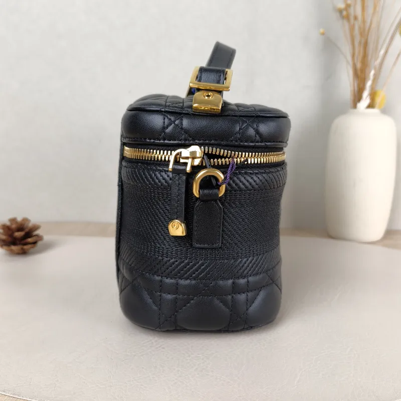 DIOR Top Handle Bag Travel Vanity Cosmetic Bag Black Lambskin Canvas 18.5 × 10 × 14 cm — detail view 8 of 11