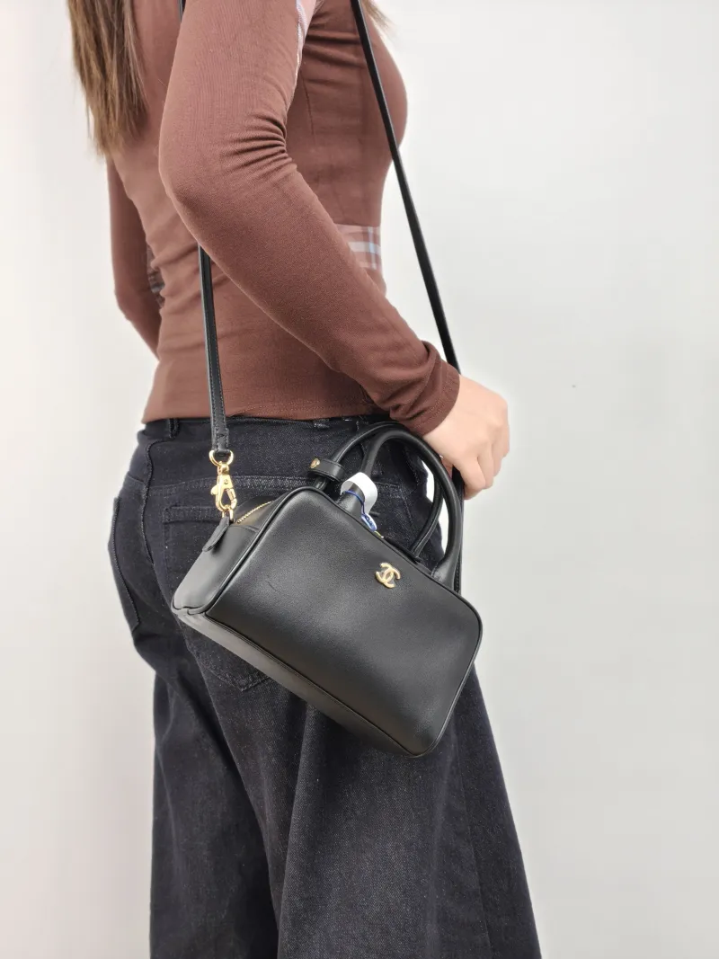 Chanel Shoulder Bag Bowling Bag Black Calfskin 20 × 8 × 12 cm — on-model view 1 of 3