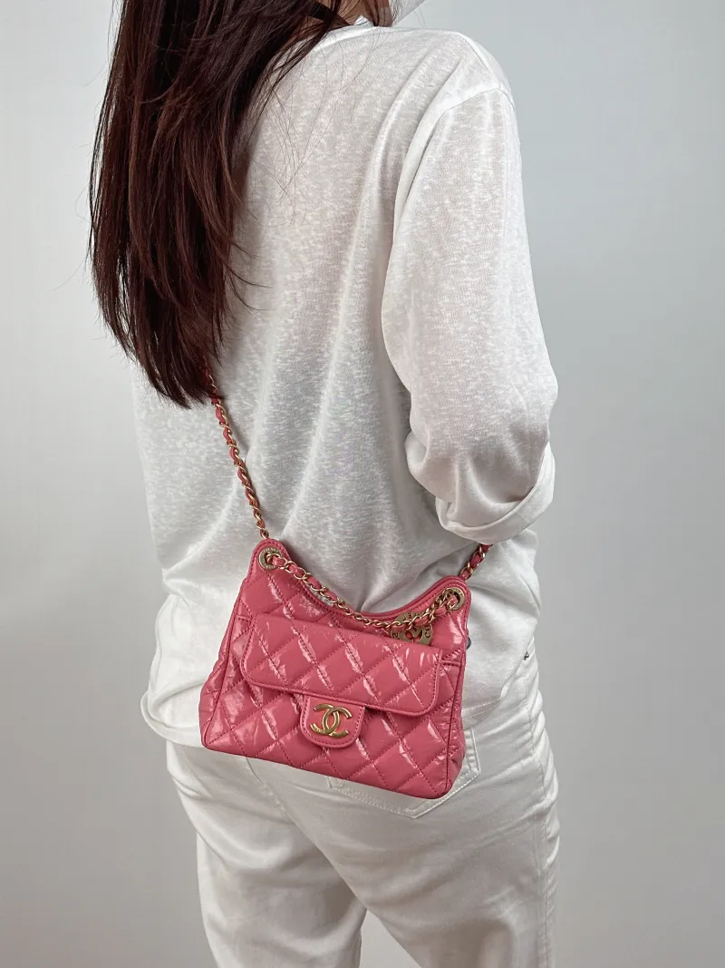 Chanel Crossbody Bag HOBO Pink Waxed Leather Small 19 × 6 × 17 cm — on-model view 2 of 2