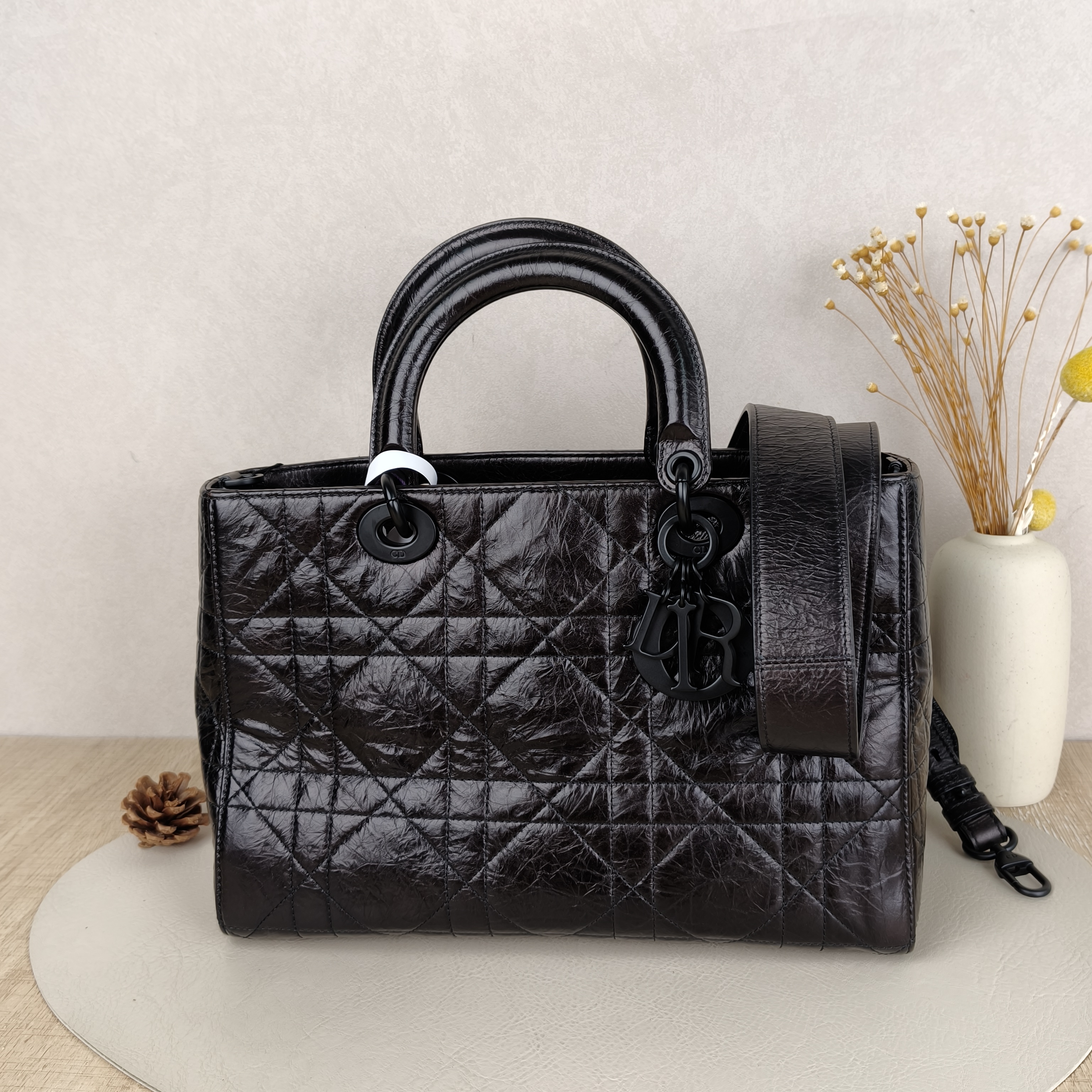 DIOR Shoulder Bag Black Waxed Leather Large35 × 15 × 23 cm
