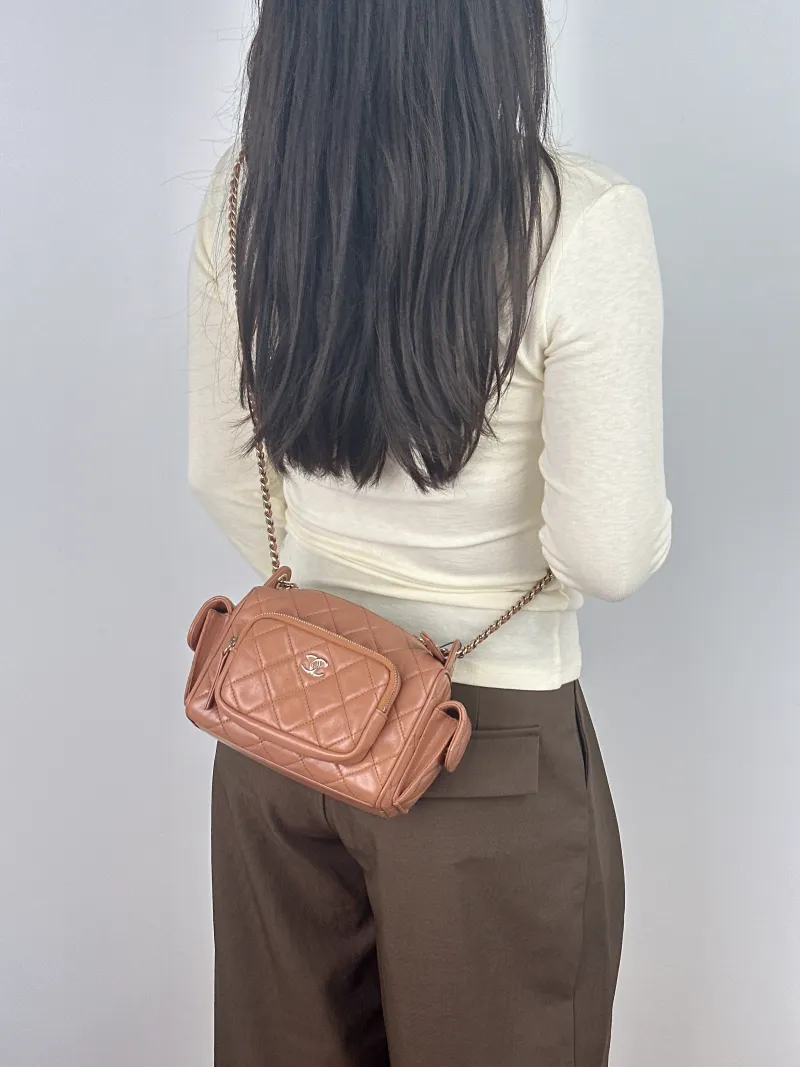 Chanel Crossbody Bag Camera Bag Taupe Lambskin One Size 18 × 9 × 12 cm — on-model view 2 of 2