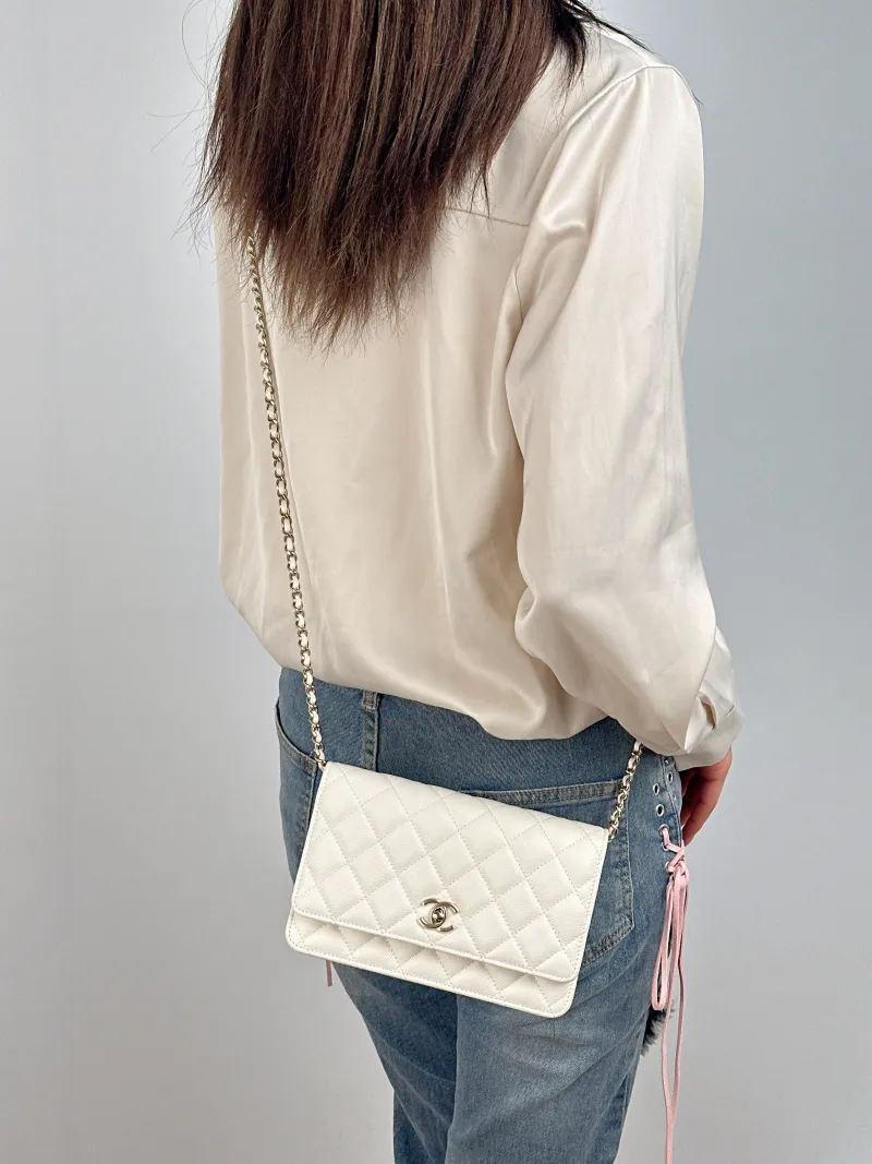 Chanel Crossbody Bag Classic Flap WOC CF WOCWOC Bag White Grained Calfskin 19.2 × 3.5 × 12.3 cm — on-model view 1 of 2