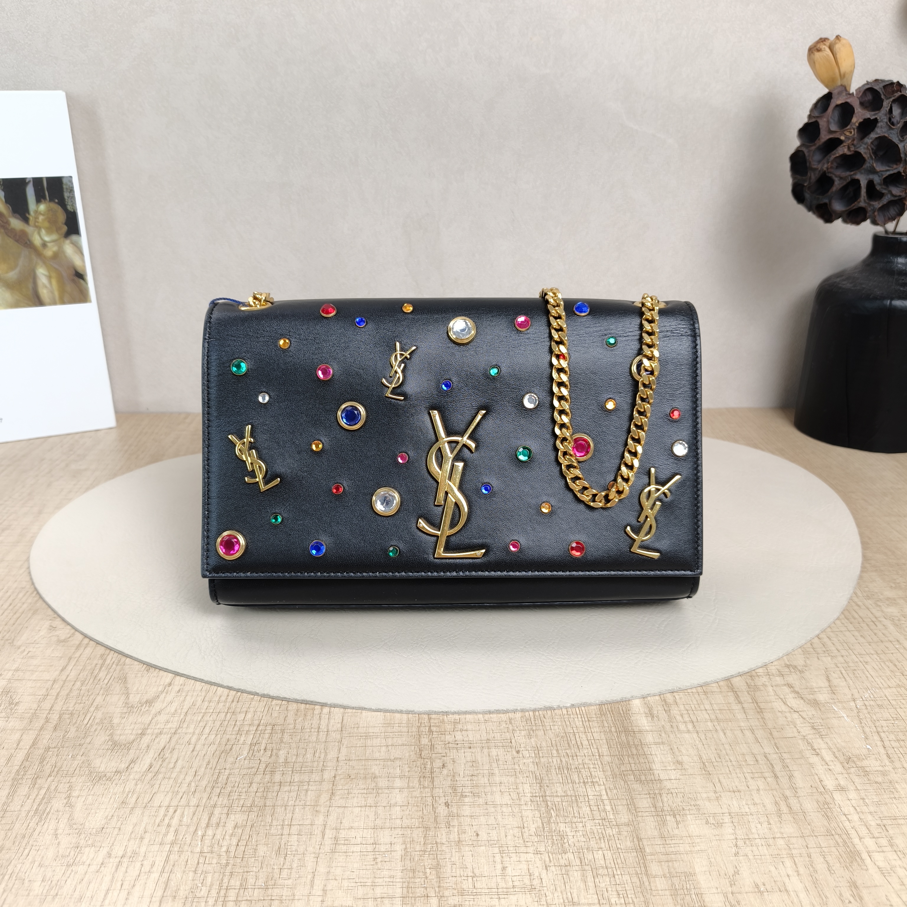 SAINT LAURENT Crossbody Bag KATE Black Calfskin Medium 24 × 5.5 × 14.5 cm