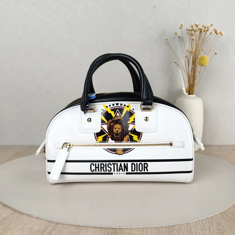 DIOR Top Handle Bag D-Vibe Bowling Bag White Calfskin Medium25 × 9.5 × 16 cm
