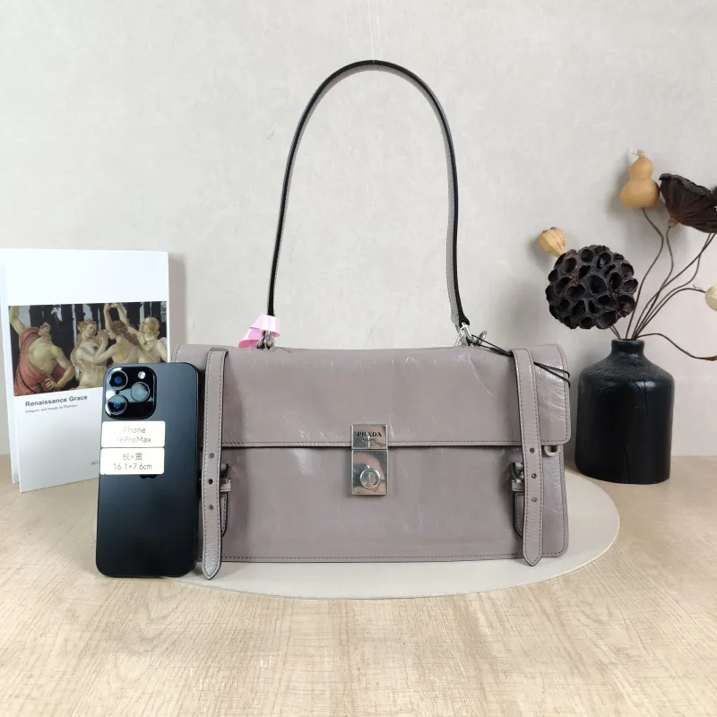 PRADA Shoulder Bag Shoulder Bag Grey Waxed Leather Calfskin One Size 32 × 10 × 17 cm — cover view 2 of 6
