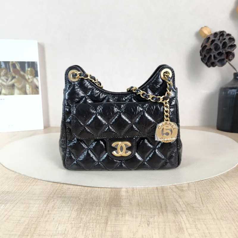 Chanel Crossbody Bag HOBO Black Waxed Leather Calfskin Small 19 × 6 × 17 cm