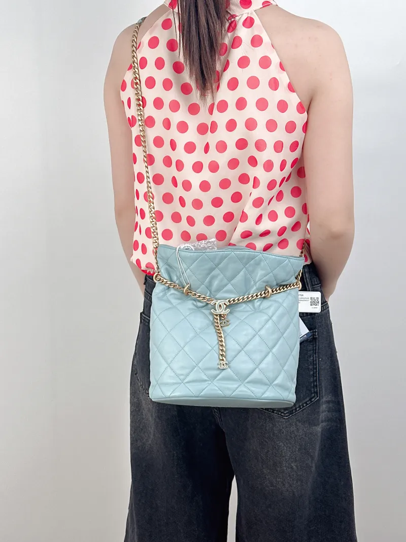 Chanel Crossbody Bag Bucket Bag Blue Calfskin One Size22 × 4 × 25 cm — on-model view 2 of 3