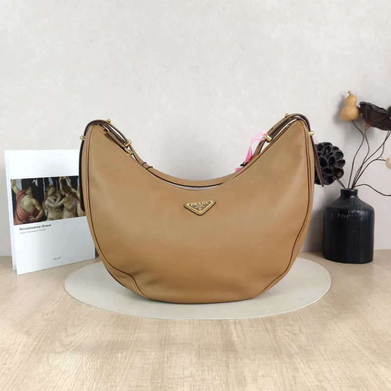 PRADA Shoulder Bag Arqué Brown Calfskin Large 35 × 8 × 22 cm