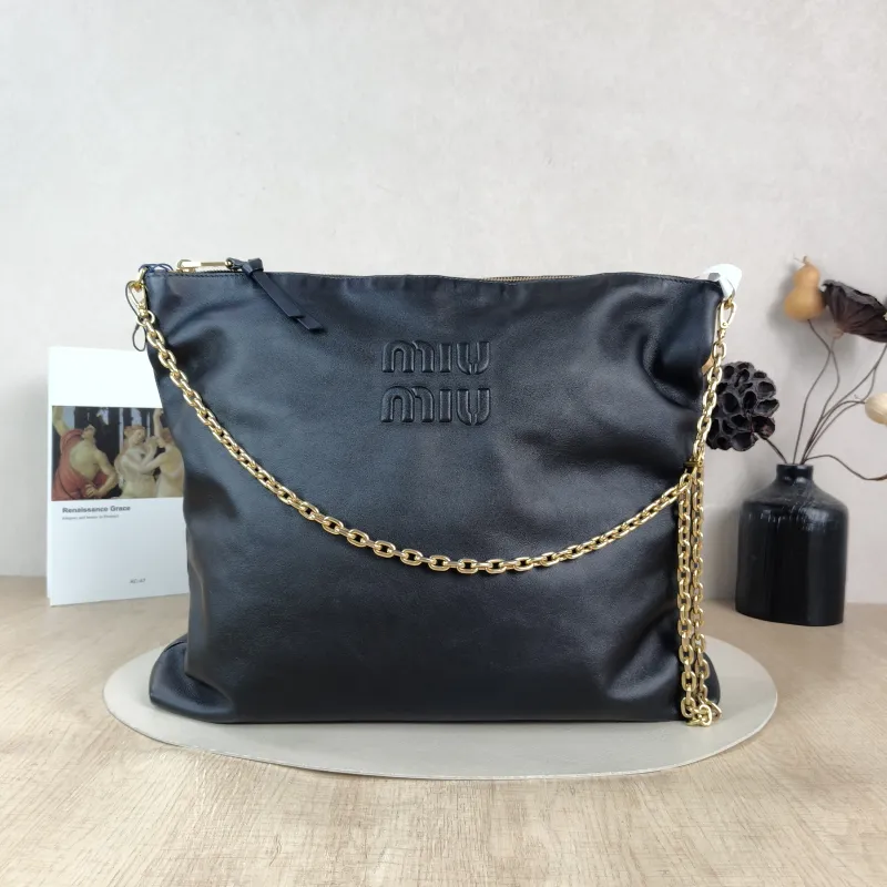 Miumiu Crossbody Bag Hobo Shoulder Crossbody Bag Black Calfskin One Size 38 × 6 × 34 cm